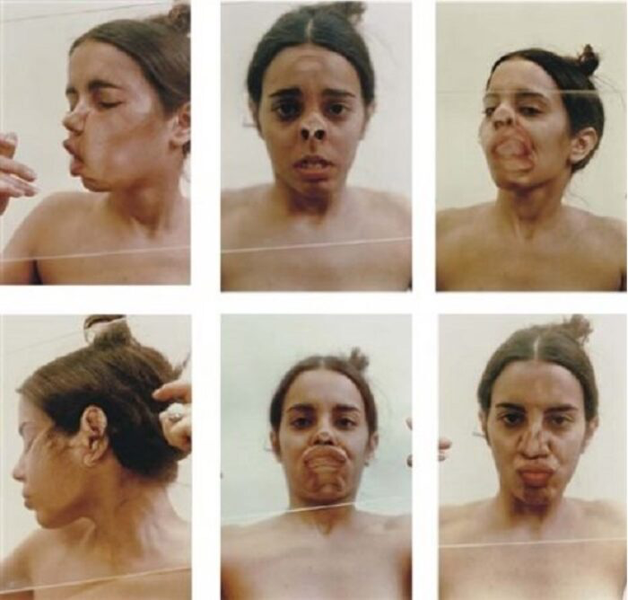 Seis fotografías de Ana Mendieta presionando su rostro y su cuerpo contra una placa de vidrio, deformando sus rasgos.